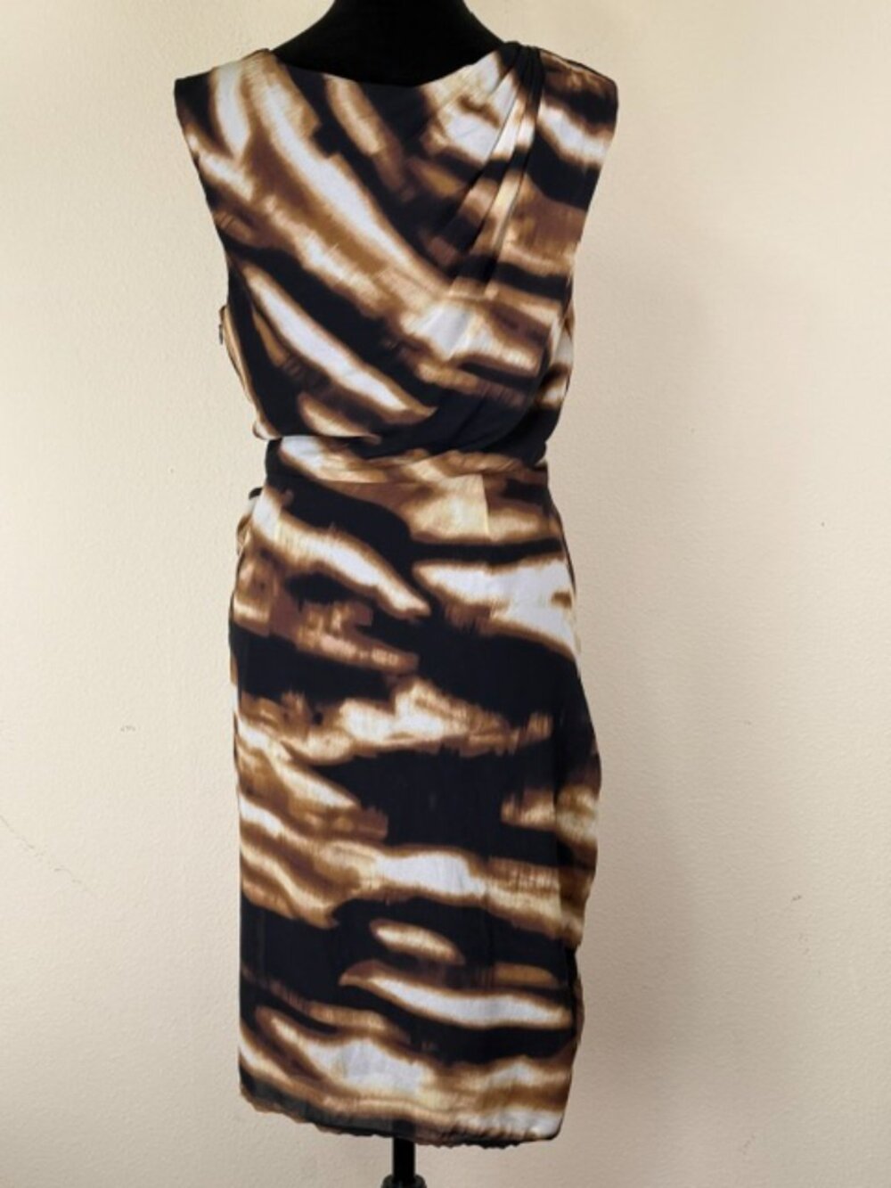 VTG Ann Taylor Silk Dress 12 Brown Animal Print Stretch Sleeveless Surplice - Picture 9 of 16